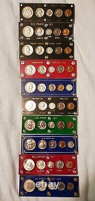 1955-1964 Silver Proof Sets 90% Silver Coins In Holders 9 Year Run 10 Proof Set