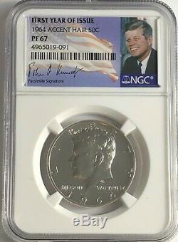 1964 NGC PF67 ACCENT HAIR PROOF KENNEDY HALF DOLLAR WHITE COINS 50 c 90% SILVER