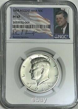 1964 NGC PF67 PROOF SILVER KENNEDY ACCENT HAIR HALF JFK COIN 50c SIGNATURE LABEL