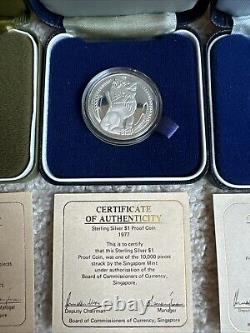 1976, 1977, 1978 Singapore Silver Proof $1 Coins Set In Original Boxes WithCOAs