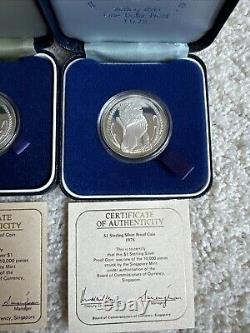 1976, 1977, 1978 Singapore Silver Proof $1 Coins Set In Original Boxes WithCOAs