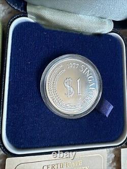 1976, 1977, 1978 Singapore Silver Proof $1 Coins Set In Original Boxes WithCOAs