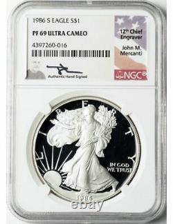 1986-S Proof Silver Eagle NGC PF69 Mercanti Signed