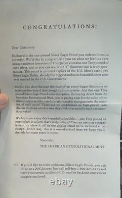 1986 Silver Eagle Proof 1 Troy Pound. 999 Fine Proof GORGEOUS