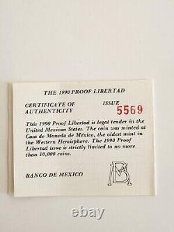 1990 MEXICO 1 oz SILVER PROOF LIBERTAD COIN WITH COA (NO BOX)