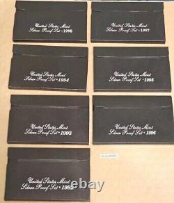 1992-1998 US Mint Silver Proof Sets 90% Silver OGP COA 7 Annual Sets 35 Coins