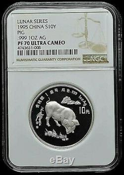 1995 China 10 Yuan Lunar Pig Silver. 999 1oz Proof Coin NGC/NCS PF70 Ultra Cameo
