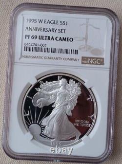 1995 W Proof American Silver Eagle Anniversary Set NGC PF 69 Free Shipping