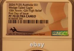 1oz Silver NGC PF70 Proof Australia Wedge-Tailed Eagle First Day of Issue Gilt