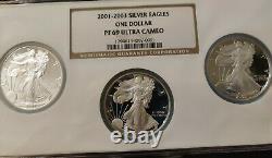 2001 2002 2003-W NGC PF69 UCAM 3 Coin Proof Set American Silver Eagle Dollar