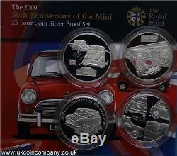2009 Alderney Silver Proof Set 50th Anniversary Of The Mini £5 Four Coins