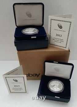 2012 2013 AMERICAN EAGLE One Ounce Silver Proofs with COAs (Lot of 2 coins)