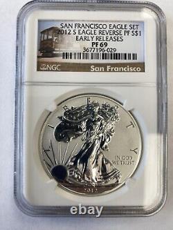 2012 S American Silver Eagle Dollar PF 69 NGC Reverse Proof San Fran Eagle Set