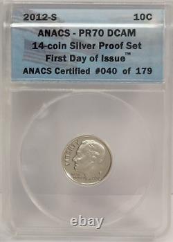 2012-s Silver Proof Set 14 Coins Anacs Pr70 Dcam First Day Of Issue