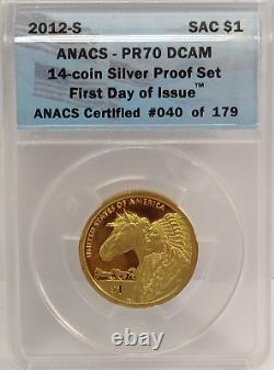 2012-s Silver Proof Set 14 Coins Anacs Pr70 Dcam First Day Of Issue