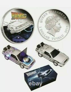 2015 Back to the Future 1 oz Silver Delorean. 999 Proof Coin & Car Set Box COA