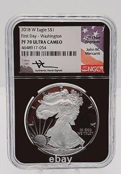 2018-w Proof Silver Eagle Ngc Pf70uc Fdoi -washington Dc- Mercanti Black Core