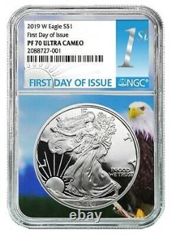 2019 W 1oz Silver Eagle Proof NGC PF70 Ultra Cameo Eagle Core First Day Issue