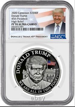 2020 Cameroon Donald Trump HR Proof 1 oz Silver Coin NGC PF 70 UC 45TH President