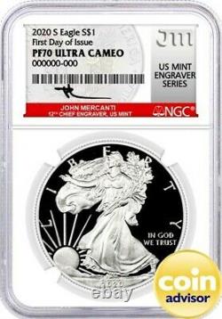 2020 S $1 Proof Silver Eagle NGC PF70 First Day of Issue Mercanti Signature