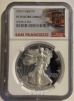2020 S Proof $1 Silver Eagle NGC PF70 PR70 Trolley Car Label PERFECT COIN & SLAB