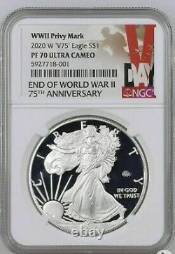 2020 W End of World War WW2 V75 Privy American Silver Eagle Proof PR70 NGC PF70