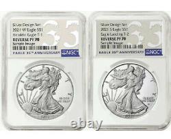 2021 NGC Reverse Proof 70 Silver Eagle T-1 W and T-2 S 35th Ann Label 2 COIN