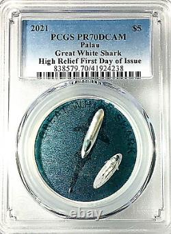 2021 Palau $5 GREAT WHITE SHARK HR Silver Proof PCGS PR70 FIRST DAY OF ISSUE