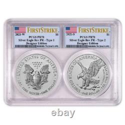 2021 Reverse Proof American Silver Eagle Designer 2pc Set PCGS PR70 FS Flag L