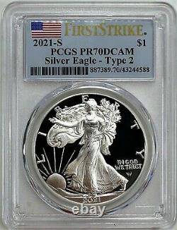 2021 S $1 Proof Silver Eagle Type 2 PCGS PR70 DCAM First Strike Flag Label