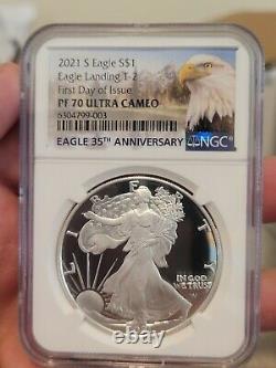 2021 S $1 T-2 Ngc Pf70 Fdoi Ultra Cameo First Day Proof Silver Eagle Landing T 2