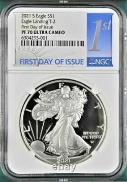 2021 S PROOF $1 AMERICAN SILVER EAGLE, TYPE 2, NGC PF70UC FDOI, 1st LABEL