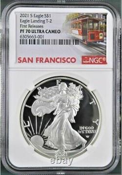 2021 S Proof $1 Silver Eagle, Type 2, Ngc Pf70uc First Releases, Trolley Label