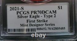 2021 S Proof Silver Eagle Pcgs Pr70 Dcam Fs Emily Damstra Mint Engraver Series