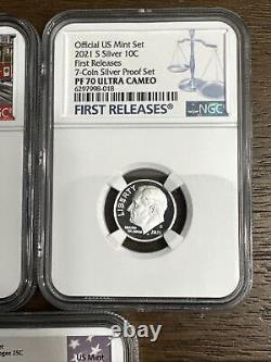2021 S US Mint Silver 7-Coin Proof Set, NGC PF70 PR70 Complete Perfect, Gaudioso
