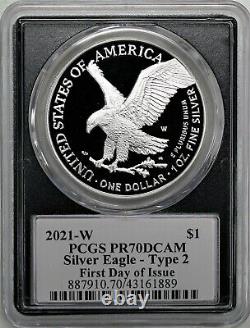 2021 W $1 Proof Silver Eagle Type 2 PCGS PR70 DCAM First Day of Issue Damstra