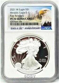 2021 W PROOF SILVER EAGLE, HERALDIC T-1, NGC PF70UC 1st RELEASE, LIMITED MINTAGE