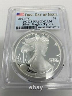 2021-W Proof $1 Type 2 American Silver Eagle PCGS PR69DCAM FDOI Flag L