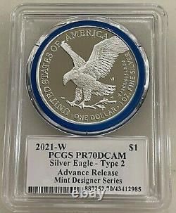 2021-w Type 2 Proof Silver Eagle Pcgs Pr70 Advance Releases Damstra Signed