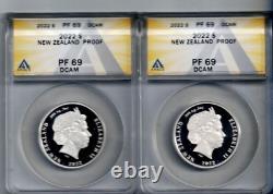 2022 New Zealand Silver Proof 1 Dollar 2 Tane Mahuta Coins ANACS Certified PF69