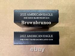 2022 W American Eagle One Ounce SILVER PROOF 22EA + UNCIRCULATED 22EG 2 Coins