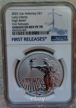 2025 1 oz Silver Proof Jody Clark Lady Liberty Eagle HR NGC REV PF70 FR Alderney