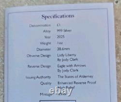 2025 1 oz Silver Proof Jody Clark Lady Liberty Eagle HR NGC REV PF70 FR Alderney