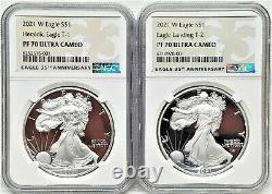 2 Coin Set 2021 W Proof Silver Eagle, Type 1 & 2, Ngc Pf70uc, 35th Anniversary