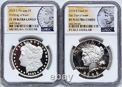 2 coin set 2023 s proof morgan peace silver dollars ngc pf70 uc fdoi