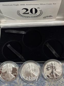 AMERICAN EAGLE 20th ANN. SILVER 3 COIN SET  PROOF / BURNISHED/ & REVERSE PROOF