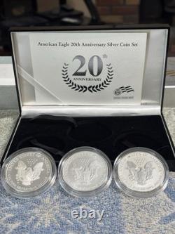 AMERICAN EAGLE 20th ANN. SILVER 3 COIN SET  PROOF / BURNISHED/ & REVERSE PROOF