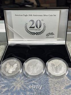 AMERICAN EAGLE 20th ANN. SILVER 3 COIN SET  PROOF / BURNISHED/ & REVERSE PROOF