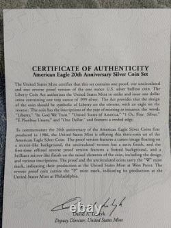 AMERICAN EAGLE 20th ANN. SILVER 3 COIN SET  PROOF / BURNISHED/ & REVERSE PROOF