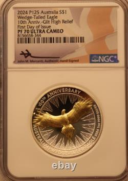 Australia 1oz Silver NGC PF70 Gilt Proof Wedge-Tailed Eagle First Day of Issue